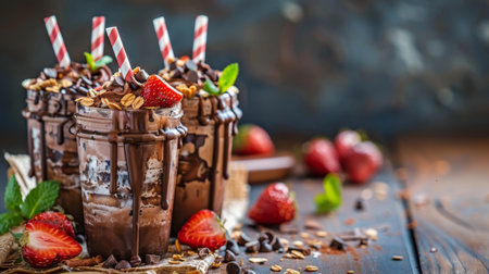 Delicious chocolate and strawberry milkshakes captured in high quality professional food photographyの素材