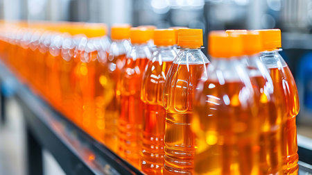 Fruit juice beverage production on conveyor belt in a drink manufacturing factoryの素材