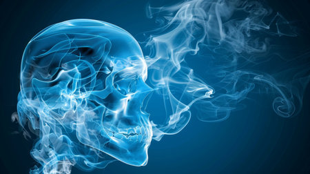 Abstract smoke formation resembling human body silhouette against dark backgroundの素材
