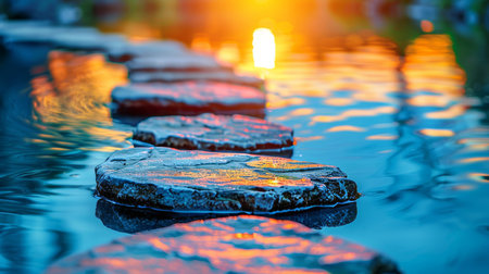 Tranquil zen stones serenely reflect the radiant sunset s glow in calm, still watersの素材