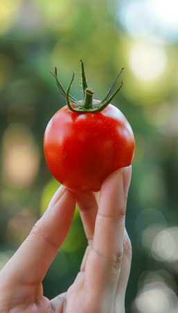 Fresh ripe tomato held in hand with blurred tomato selection background and copy spaceの素材