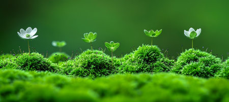 Serene spring forest with flowers, mossy rocks, and ample space for text overlayの素材