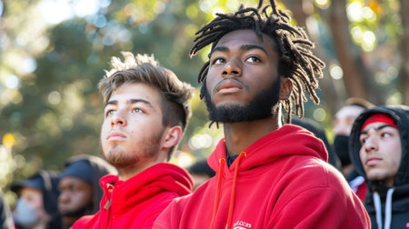 Inclusive community event advocating for men s rights and justice with diverse participantsの素材