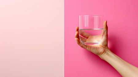 Hand holding water glass on pastel background with ample space for text placementの素材