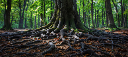 Majestic green tree with visible roots on plain background, perfect for text placementの素材
