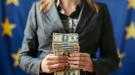 Businesswoman in suit holding euro bills with blurred european union flag in backgroundの素材