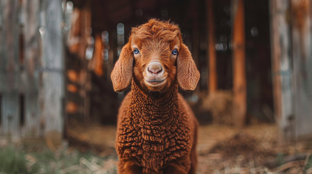 Charming baby goat with captivating blue eyes in a picturesque rustic barn settingの素材