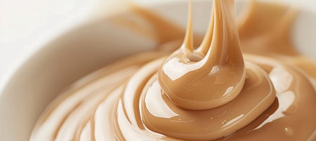 Close up of smooth liquid caramel swirls ideal for delicate and elegant background design concept.の素材