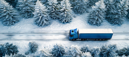 Aerial drone view of car and truck driving on snowy forest road in winter landscapeの素材