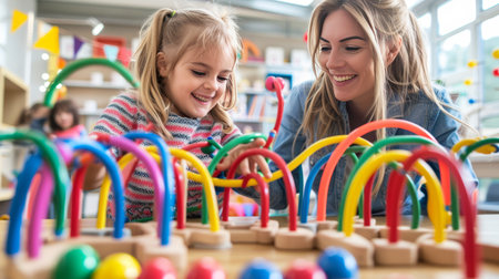 Preschool teacher involving children in play with colorful wooden toys for interactive learningの素材
