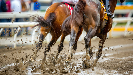 Exciting horse race betting spectacle showing hooves in motion from a low angle viewの素材