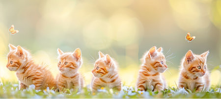 Adorable kittens playfully chasing butterflies amidst blooming flowers in a vibrant gardenの素材