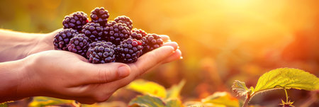 Hand holding ripe blackberries with blurred background, perfect for text placementの素材