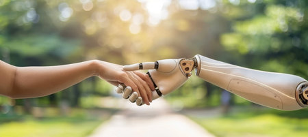Technology and humanity unite  men and robot shake hands in close up on blurred backgroundの素材