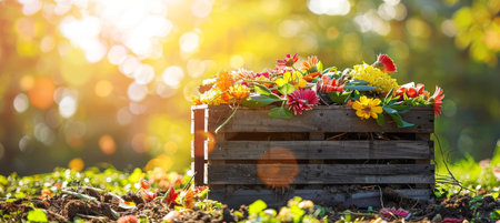 Eco friendly composting  organic waste and grass cuttings in a compost bin for sustainable recyclingの素材