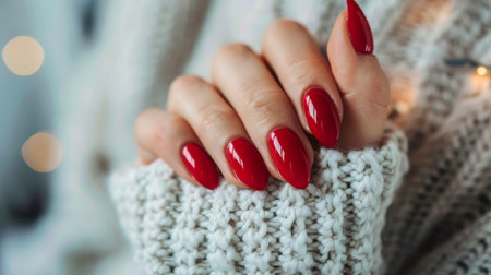 Close up of elegant woman s hand showcasing vibrant red nail polish on her beautiful fingernailsの素材