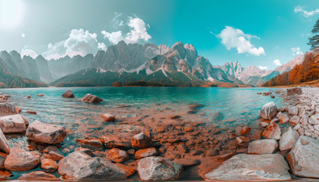 Vivid high tatra lake in early autumn  majestic sunrise, pine trees, sky reflection   nature hikeの素材
