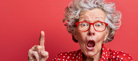 Elderly person enthusiastically pointing on soft hued backdrop with room for textの素材