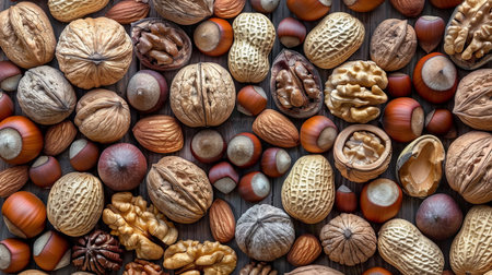 Assorted nuts creating a textured organic background with various nut types for a natural displayの素材