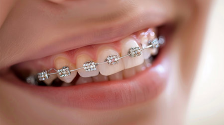 Child s happy smile with white teeth, metal braces on white background, copy space for textの素材