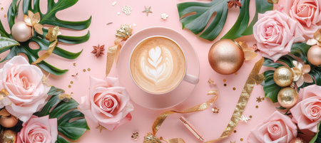 Minimalist workspace with blank notebook, pen, and coffee cup on light backgroundの素材