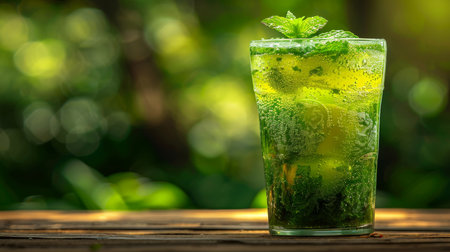 Refreshing apple juice in glass with mint leaves on blurred background, perfect for text placementの素材