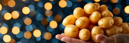 Golden potato held in hand, selection of potatoes on blurred background with copy spaceの素材