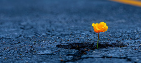 Macro shot of tiny flower thriving in cracked pavement, embracing the force of natureの素材