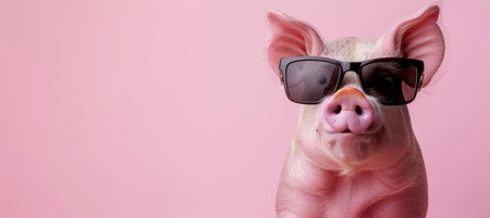 Funny pig wearing sunglasses on pastel color background with copy space for textの素材