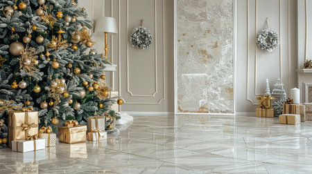 Festive christmas tree decorated with golden baubles and gifts on sophisticated beige backgroundの素材