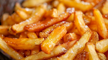 Close up view of golden crispy french fries cooking in a deep fryer, delicious fast food preparationの素材