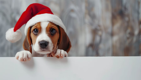Cute puppy in red christmas hat playfully peeking from behind blank banner, charming holiday petの素材