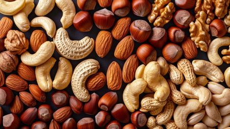Assortment of various nuts creating a natural background, viewed from a top perspectiveの素材