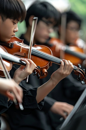 Symphonic orchestra performing classical music concert on stage with professional musiciansの素材