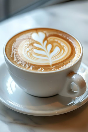 Elegant flat white coffee flower latte art on white table for a stylish caffeine experienceの素材