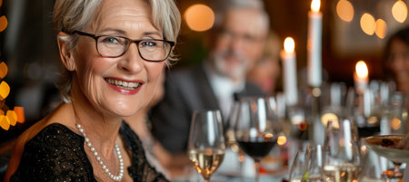 Senior friends dining, happy woman in focus, blurred background with copy space in nursing homeの素材