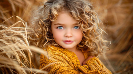 Joyful kid with beautiful curly hair smiling happily, looking directly at the cameraの素材