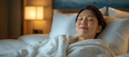 Sophisticated asian woman enjoying luxury lifestyle in penthouse suite with copy spaceの素材