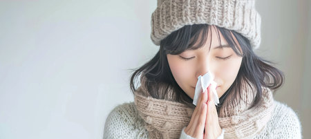 Close up of sick woman blowing nose into tissue, with ample space for text placementの素材