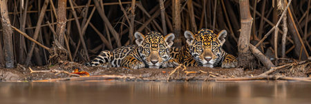 Male jaguar and cub portrait, blank space for text, object on right side, perfect for captionsの素材