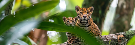 Male jaguarundi with kitten, including object, ample space on left for text placementの素材