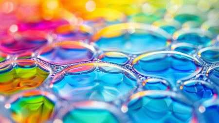 Vivid rainbow reflections in soap bubble creating captivating and colorful background imageryの素材