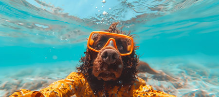 Humorous closeup of dog diving underwater on a delightful summer vacation with the petの素材