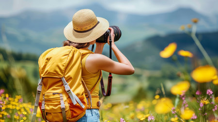Female hiker exploring mountain landscape on outdoor adventure for nature discovery and inspirationの素材