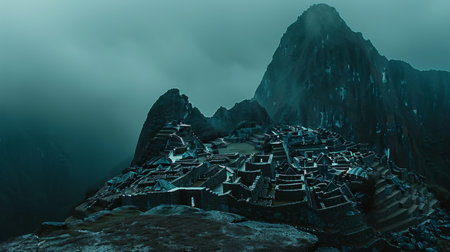 Sunset panorama of machu picchu, ancient incan citadel on andes mountain ridge, southern peruの素材