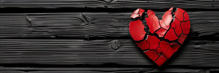 Cracked red heart on dark wooden background, symbolizing emotional concept and love lostの素材