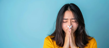 Sick woman blowing nose into tissue with text space, health concept and copy space availableの素材