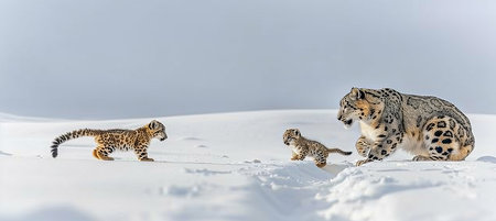 Snow leopard and cub portrait with space for text, object on right side, ideal for adding textの素材