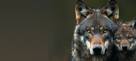 Male wolf and cub portrait with empty space on left for text and object on right for balanceの素材