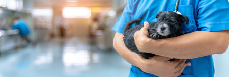 A male veterinarian holding a dog in a blurred clinical interior, copy space availableの素材